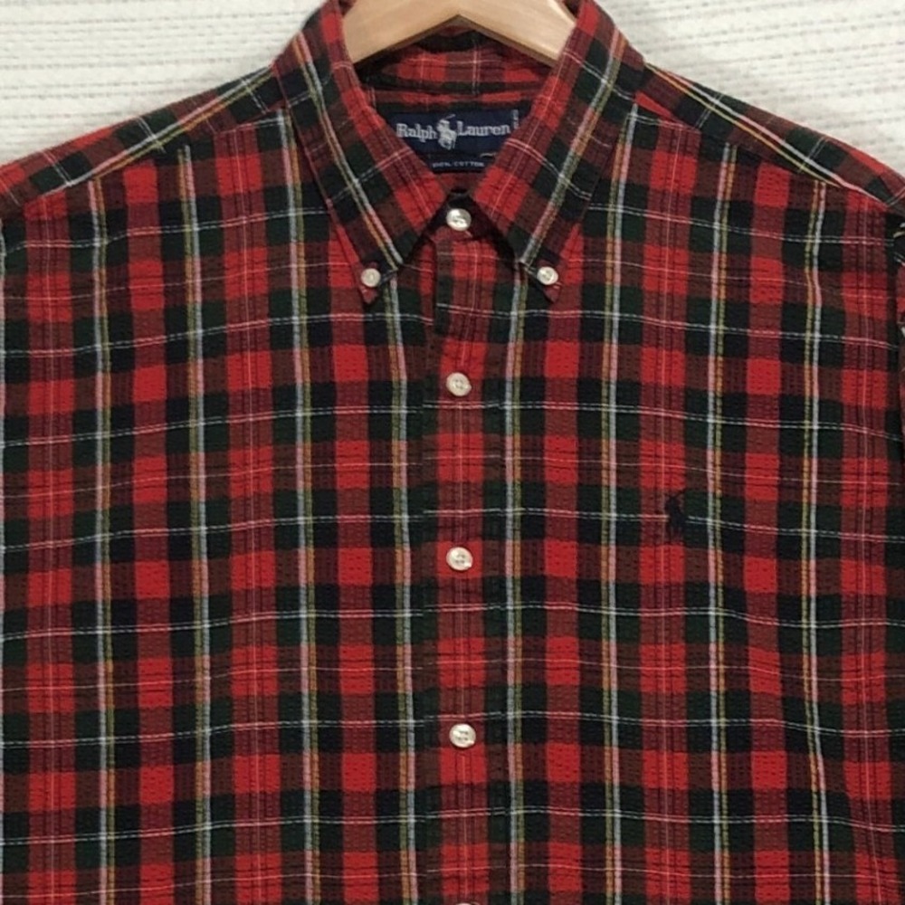 Ralph Lauren Mens XL Seersucker Plaid Button Down Shirt Red Green‎ Tartan Pony